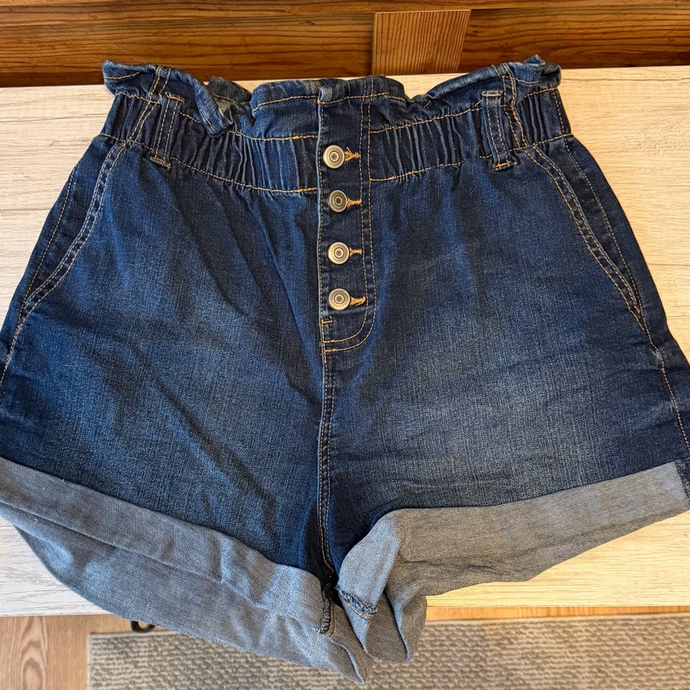 No Boundaries Dark Blue Paperbag Waist Denim Shorts
